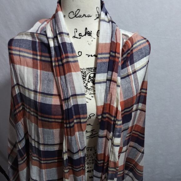Kitara Plaid Shawl Wrap in Blue and Orange Cotton Casual Layering Size OS - Picture 4 of 5